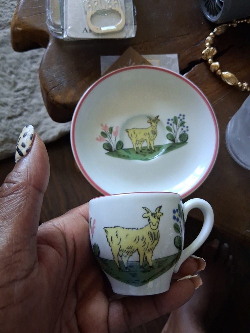 Vintage GDA Limoges Demitasse Cups and Saucers: Hand-Painted Goat 
